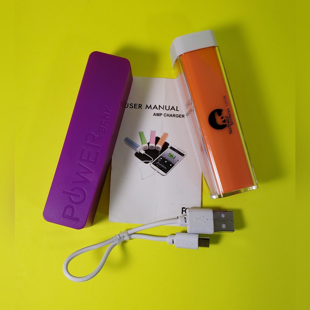 Purple Power Bank and Orange Power Bank and Charging Cord